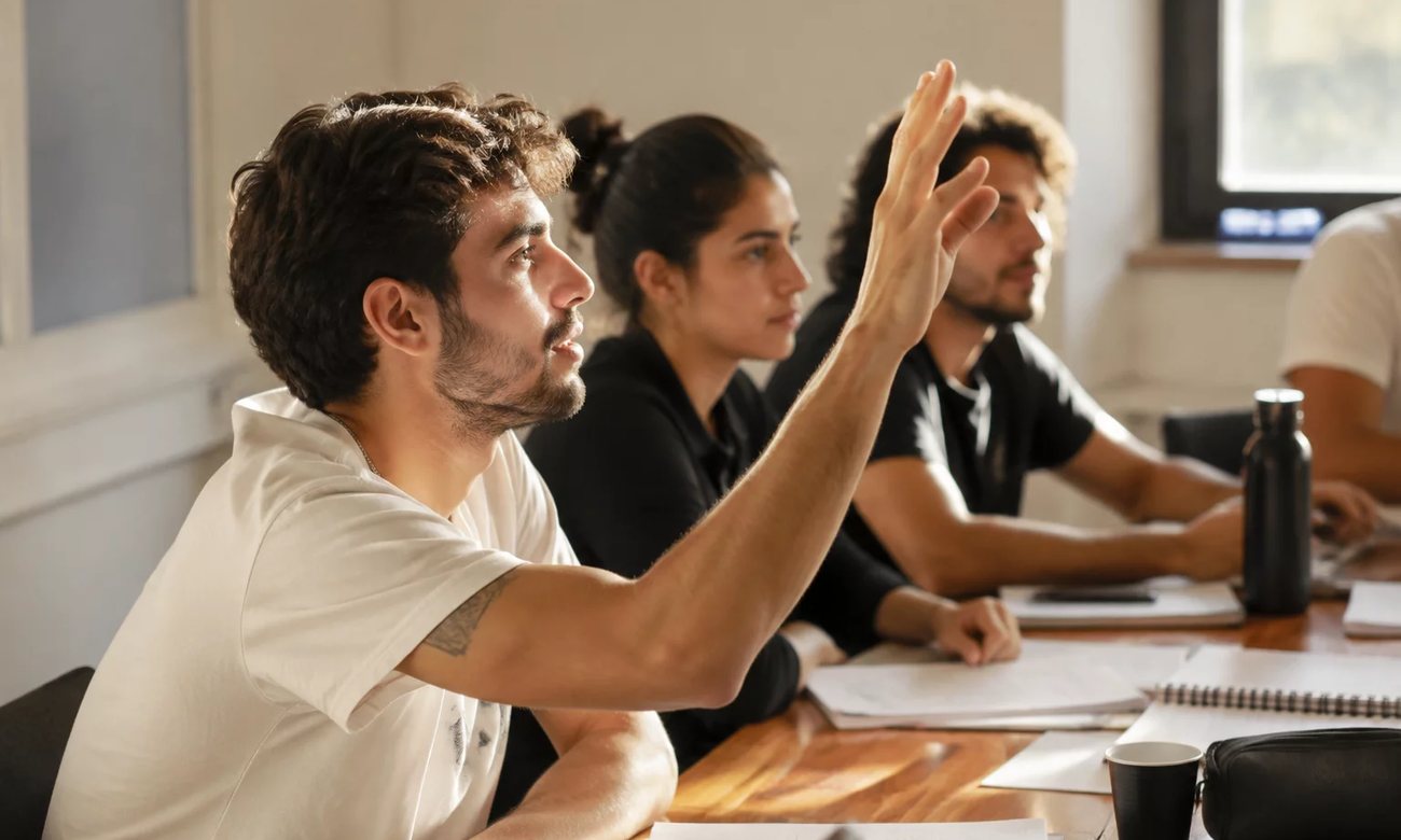 Dois participantes organizando a próxima rodada com caderno e marca-texto