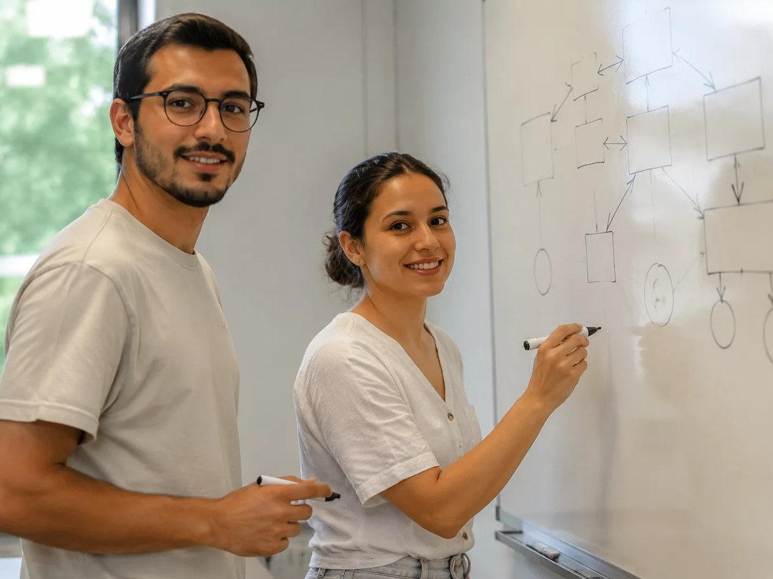 Duas pessoas riscando no quadro branco o esqueleto de uma tese
